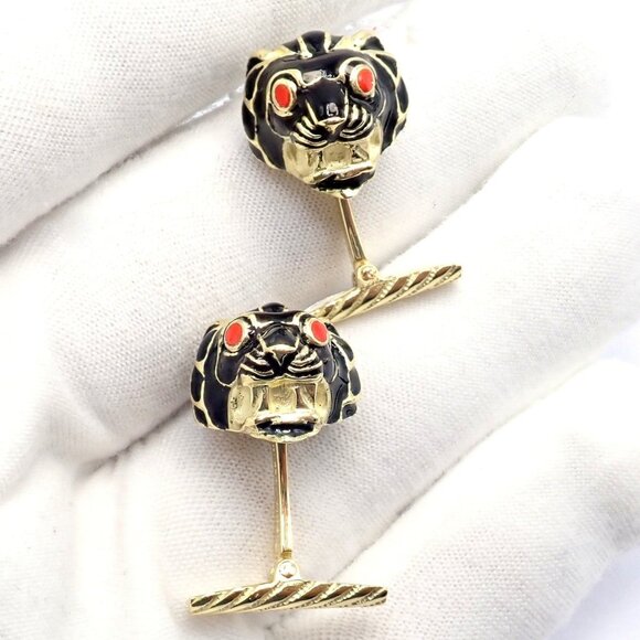 Vintage! David Webb 18k Yellow Gold Black Enamel Lion Cufflinks - Picture 3 of 13